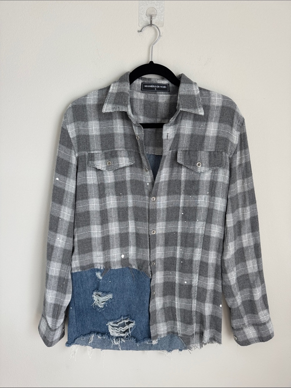 Manière De Voir Distressed Plaid Denim Patch Overshirt Shacket Size S Grunge